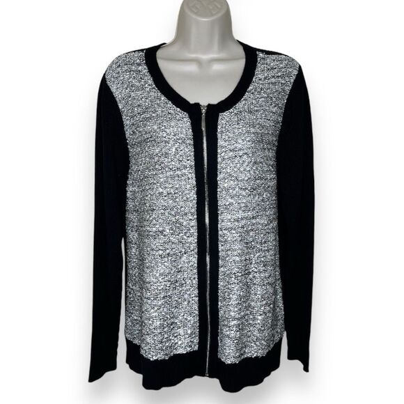 Lane Bryant Sequin Front Zip Up Moto Bomber Cardigan Black Rib Knit Women 18/20 - Picture 1 of 14